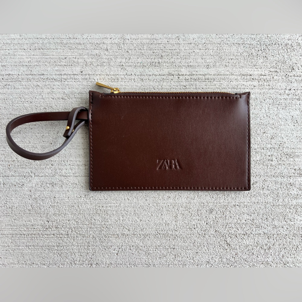 ZARA Brown Leather Zip Card Holder Wristlet 6.5” Gold Hardware